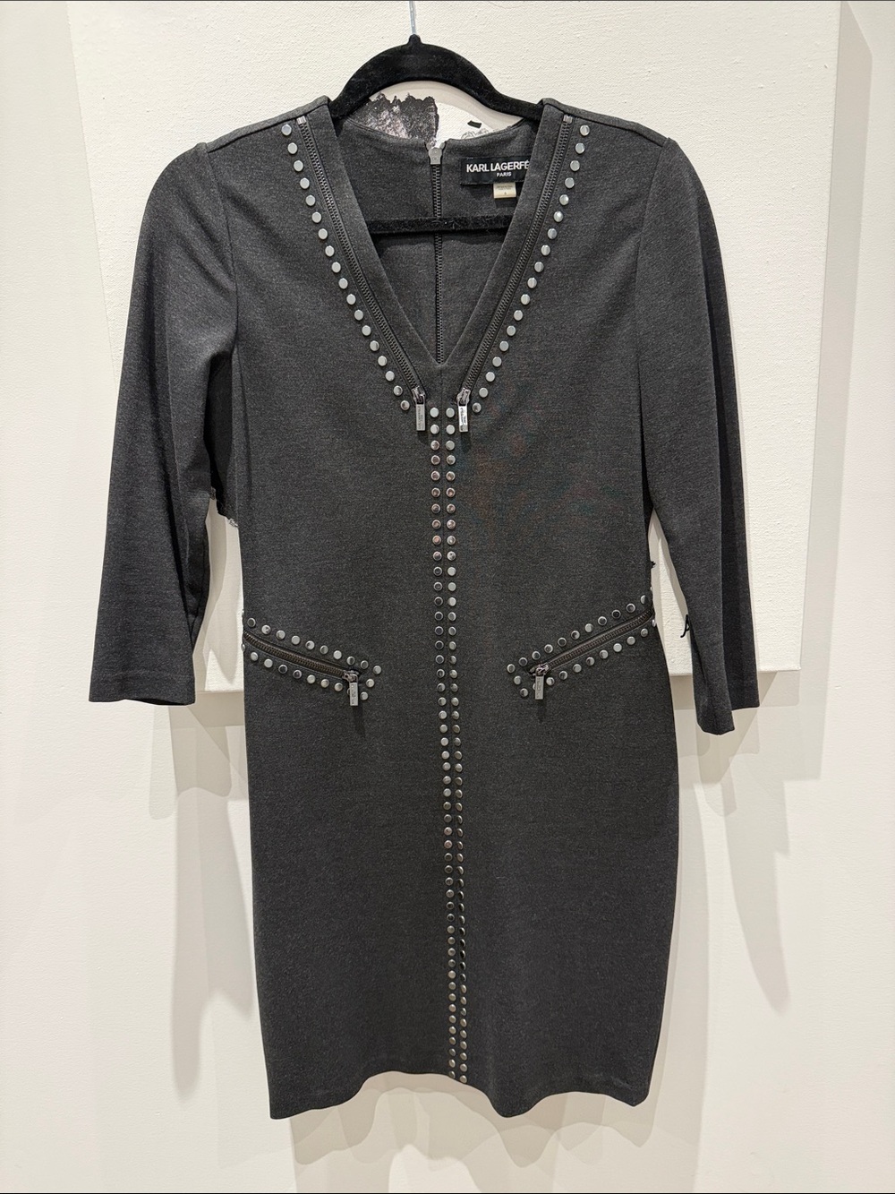 Karl Lagerfeld Charcoal Black Stud-Trim Midi Dress